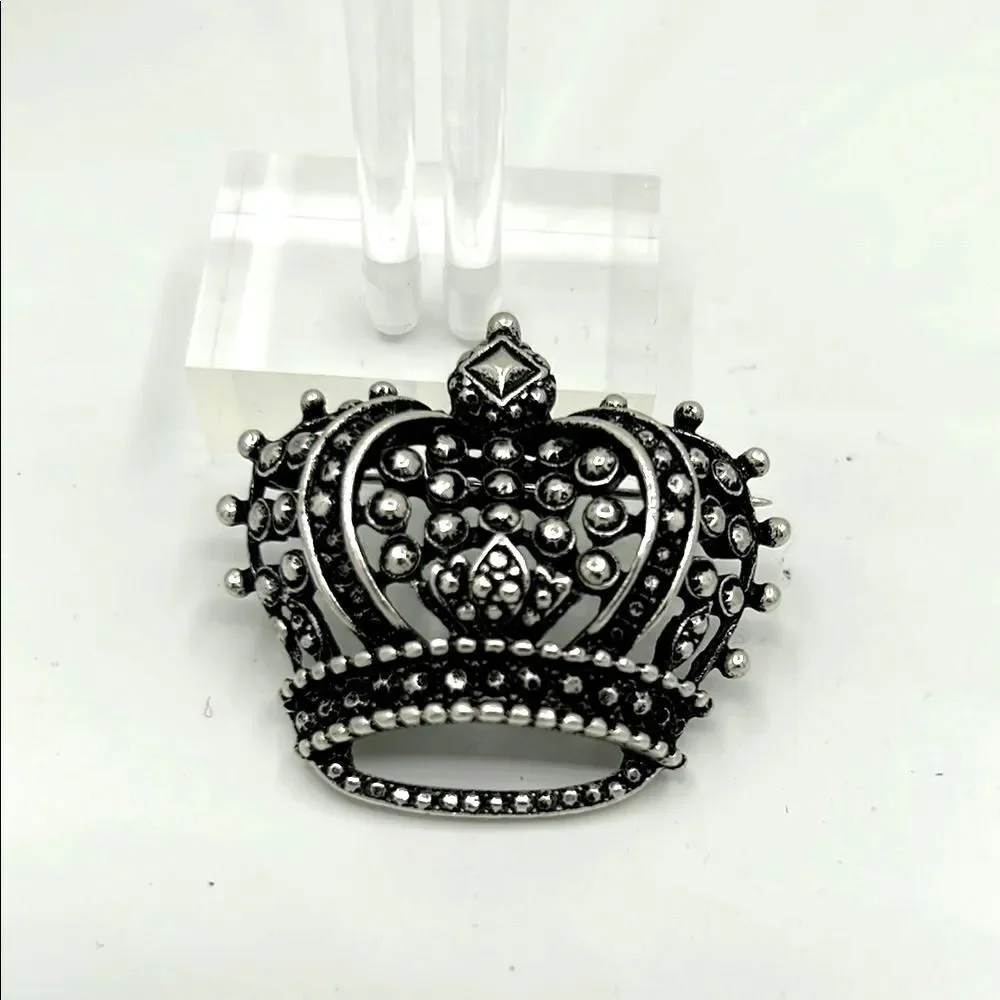 Vintage Signed KJL Silver Crown Brooch Pin